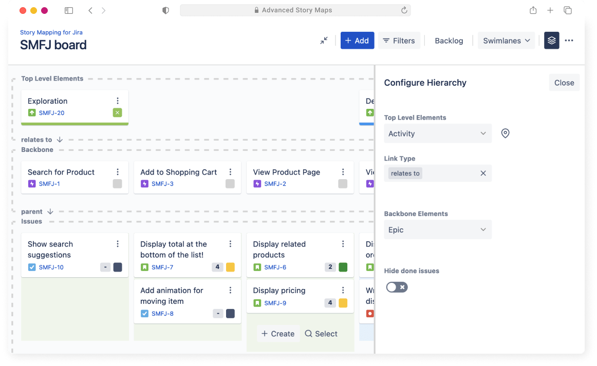 Freely configure the user story map hierarchy